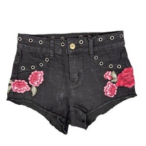 LITZ by UNIQ Black Floral Embroidered Denim Booty Shorts Juniors Sz Small NEW